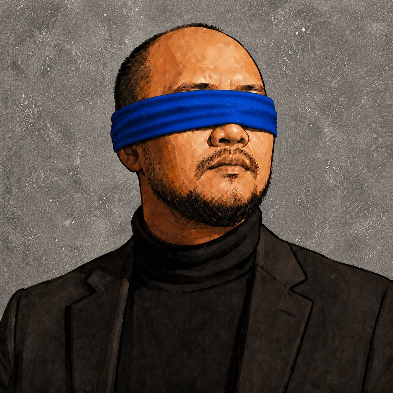 Illustrated portrait of Arya Pradana wearing a cobalt blue blindfold